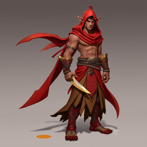 Create handsome hero  Rhen the Fire-Singer – A lean, muscular man. He wears layered, flowing desert robes dyed in warm reds and golds, with scorch marks where flames have licked them. A curved blade hangs at his hip.  Show her whole body head to toe including her shoes.