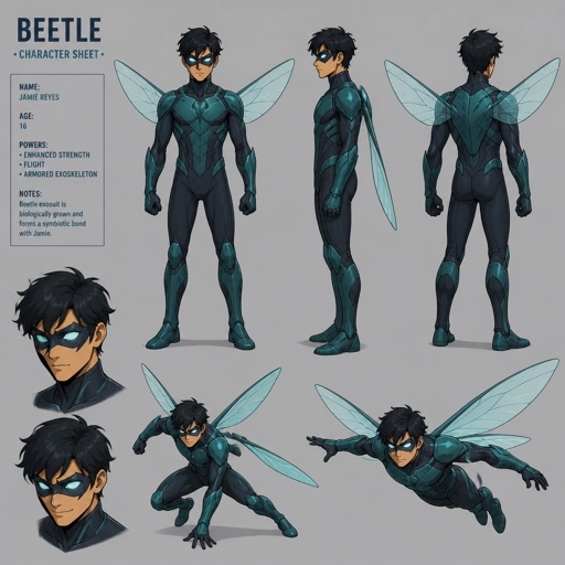 Male teen superhero with beetle powers, beetle wings, mask, multiple of the same character