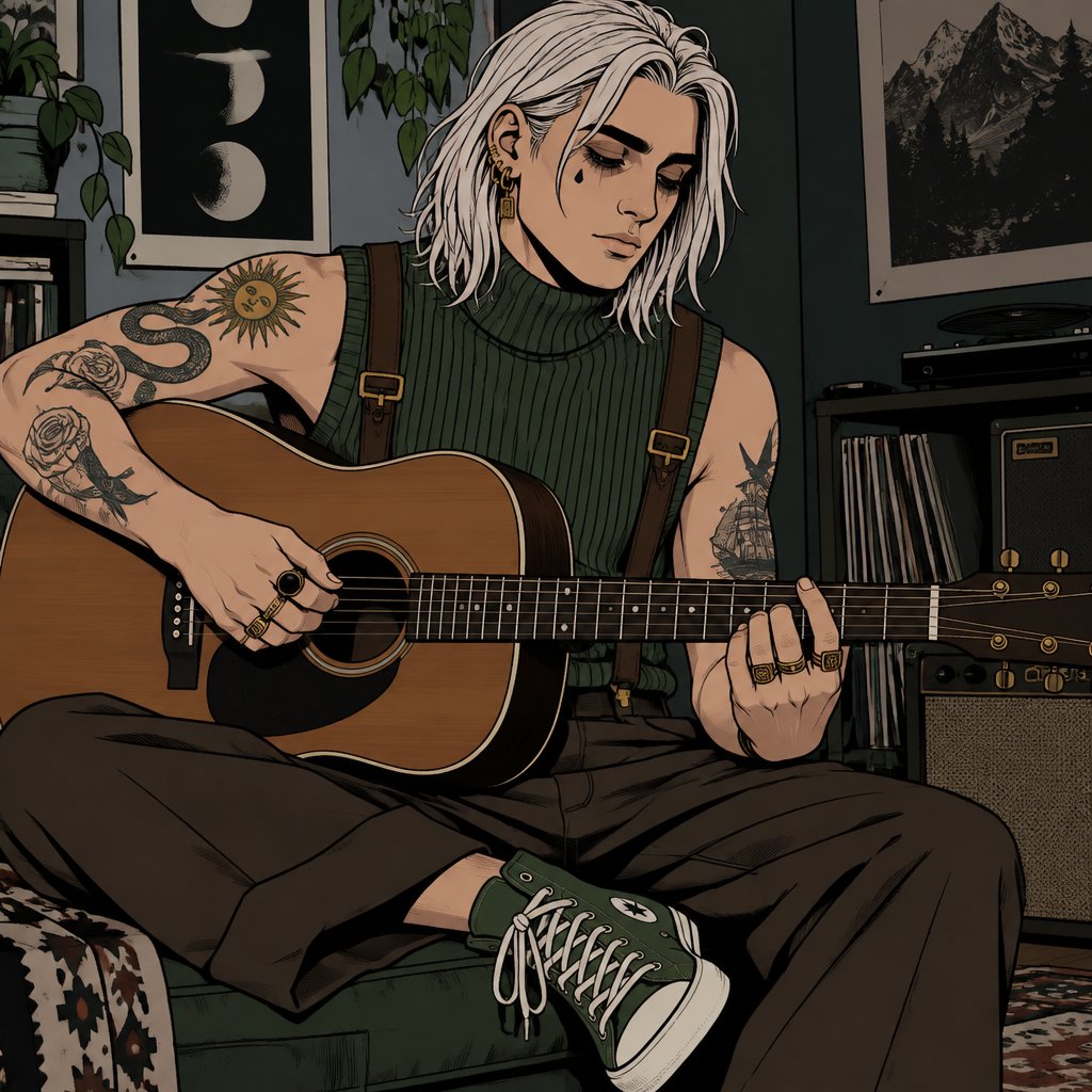 Male, shoulder length straight white hair, grey horizontal lines in hair, under eye mascara, multiple gold ear piercings, tear tattoo under eye, arm tattoos, multiple rings, sleeveless green turtle neck, brown suspenders, green tennis shoes, playing guitar