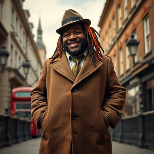 Create a funny fat character similar to Sherlock Holmes, but make him of black decent and with dread locks. Show his whole outfit including his shoes.
