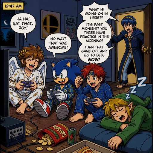 Super smash brothers link from legend of Zelda, pit from kid Icarus, and sonic the hedgehog as a human, Marth from fire emblem, Roy from fire emblem, Roy pit and human sonic all in pjs playing a video game in the living room on the floor laughing and being loud in the middle of the night, link past out snoring, and Marth coming into the living room wearing pjs and tired yelling at them saying "it's 4 o'clock in the morning go to bed!" Then Roy says back to Marth " come on Marth it's a sleep over we're just in joying it as much as possible, you can get your beauty sleep later" Marth looks at Roy with a very angry 
