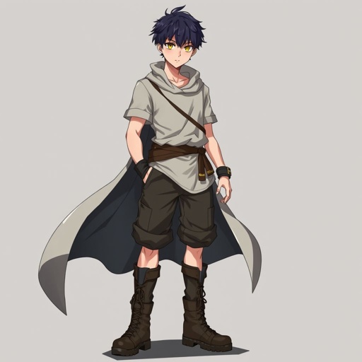 Age 18 male has nobility in his blood, he wears a simple tunic, shorts, and combat boots. He is tall and lean and has short dark hair