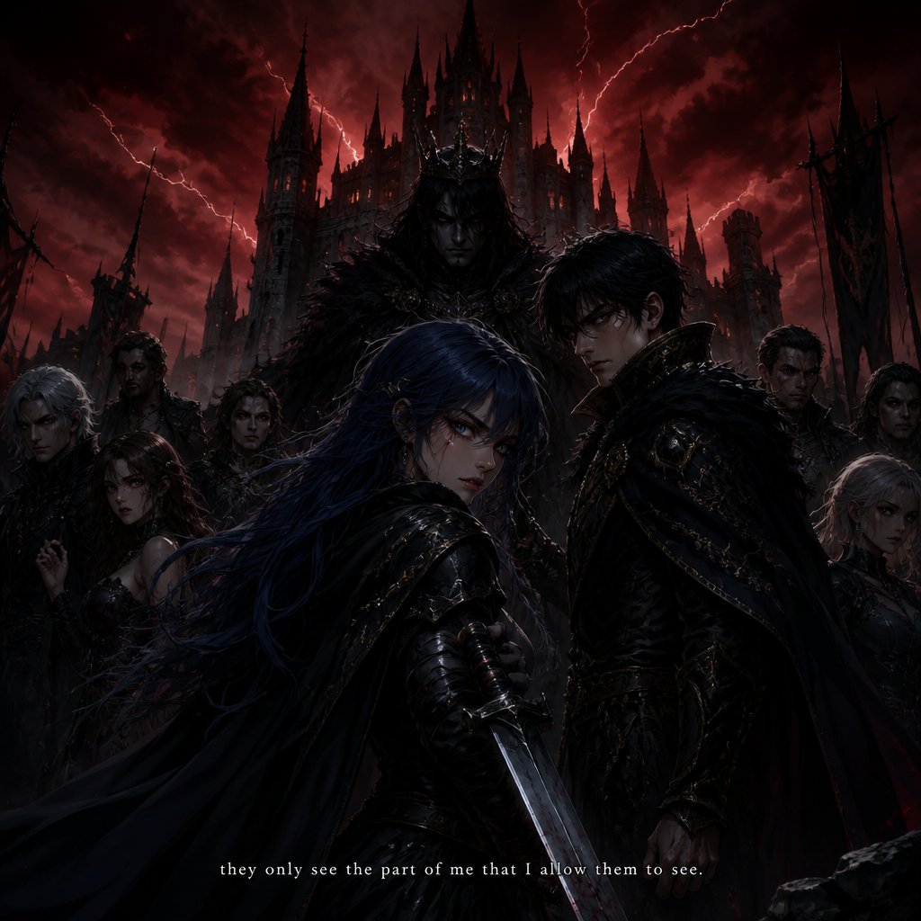 A 17 year old girl who has blue hair with purple and pink stripes and hazel eyes. She is wearing all black. She looks strong, confident, and fierce. She is holding a sword and looks ready to fight. Behind her is an 18 year old prince who has black hair with purple stripes and blue eyes. He is wearing all black and is wearing a crown. He looks strong, fierce, and angry, he is looking over his shoulder. Next to the prince is a 17 year old boy who has black hair with blue stripes and blue eyes. He looks strong and confident. Next to the prince is a 40 year old king who has gold hair and gold eyes. He is wearing a large golden crown. He is wearing a dirty gray shirt and black pants. He looks evil and strong. There is a 40 year old man who has black hair with dark blue stripes and blue eyes. He is wearing a green shirt and black pants. He looks strong and fearless. There is an 18 year old boy who has black hair with dark green stripes and light blue eyes. He looks strong and confident. There’s a 17 year old girl who has purple hair with golden stripes and dark blue eyes. She’s wearing a dark purple shirt and black pants. She looks strong and fearful. There’s a 17 year old girl who has pink hair with green stripes and green eyes. She is wearing a dark pink shirt and black pants. She looks fearful. There’s a 40 year old queen who has dark purple hair with white stripes. She is wearing a red shirt and black pants and has green eyes. She looks strong and ready to fight. There’s a 20 year old princess who has blue hair with white stripes and light blue eyes. She looks strong, fierce, and ready to fight. She is wearing a blue shirt and black pants. There’s an 18 year old boy who has brown hair with gold stripes and dark blue eyes. He looks angry and ready to fight. He is wearing all black. There’s a 19 year old girl who has brown hair and brown eyes. She looks strong and fierce. There’s a 17 year old boy who has black hair with green stripes and green eyes. He is wearing all black. He looks angry. Behind the people is a big castle. The sky is dark and you can see red lightening. Below the characters, in white small letters, says “they only see the part of me that I allow them to see”
