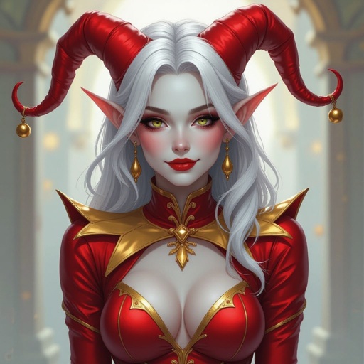 White Skinned Silver Haired Tiefling Jester in a Red and Gold skin tight jester bodysuit