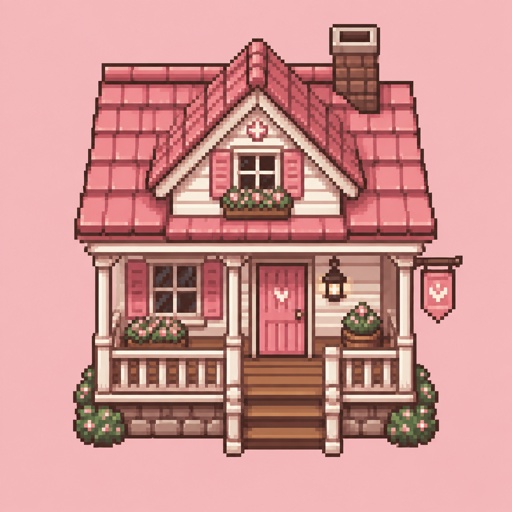 Cozy pink small house with porch for a modern fantasy game, top down style, shading and highlights 