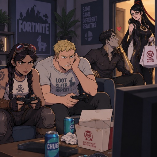 Jules from Fortnite, jones from Fortnite, Midas from Fortnite, wearing casual clothes, playing video games, Midas isn’t playing he’s looking at Bayonetta, Bayonetta from super smash bros coming in with takeout, Jules isn’t happy 