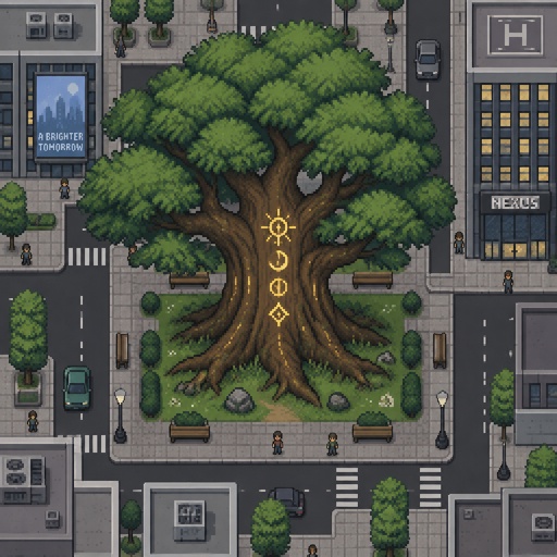  huge old oak with glowing symbols carved into the bark for a fantasy place that’s in modern times, top down style, 