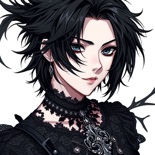 Create a teenage goth boy who has black hair, black eyes, pale skin and his attire is black.
