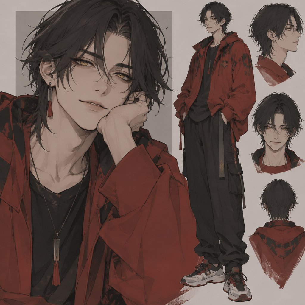 Male, smile, Asian, neck length black hair, yellow eyes, eyeliner, wears red casual clothes, small mouth,