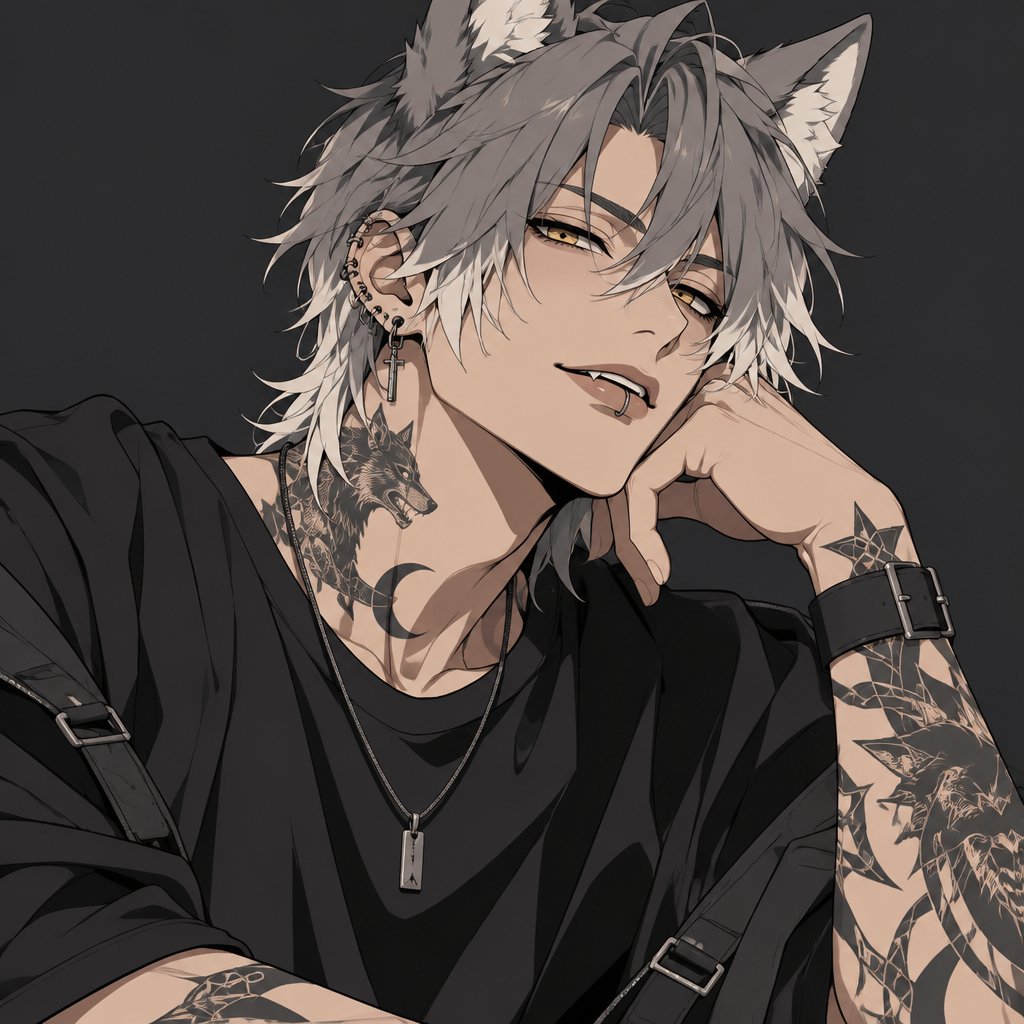 Male,he only has wolf ears,gray hair with white tips hair that goes done to neck hair set a little bit on face slightly messy,yellow eyes,strong,lip and ear piercings,tattoos on neck and arms,a smile that could steal the ladies,with a smug and chill attitude,can be scary but is usually very nice