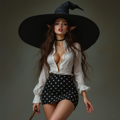 Brunette Elf Wizard Librarian with Long brunette hair in a tight black and white polka dot mini pencil skirt and a white open blouse and a big witches hat. She looks like she’s daydreaming the hottest moment ever and is drunk and slightly drooling