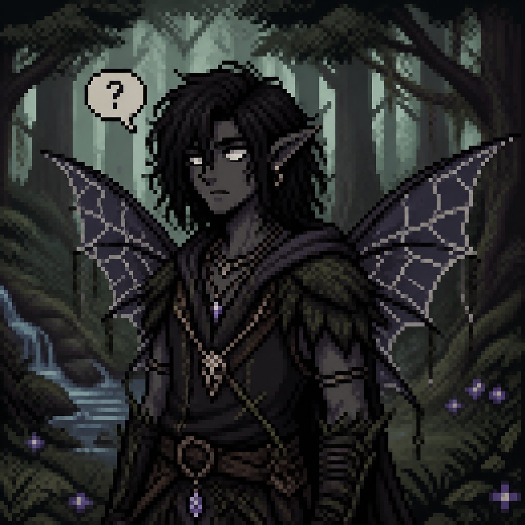 male,shoulder length black messy hair, dark fairy clothes,nature clothes,dark grey skin,pointy ears, ear piercing,multiple necklaces, completely white eyes, spider web wings, forest, confused face expression ,concept art