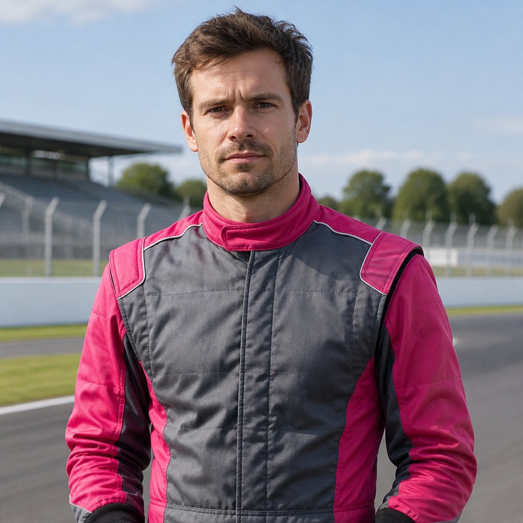 A British man in a dark pink and grey racing uniform with no logos or sponsors