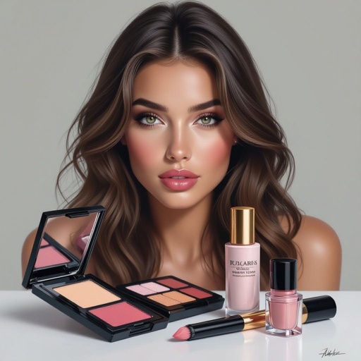 Create a character showing there whole body head to toe, a lady who loves beauty products  