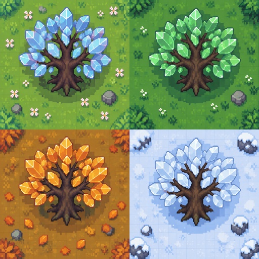 * Glasswood Tree — dark trunk with translucent, crystal-like leaves for a game, in all the seasons, top down style,