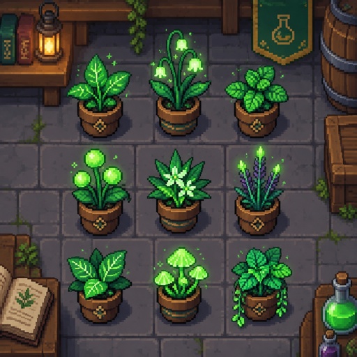 glowing herbs villagers use for potions for a fantasy game set in modern times, top down style