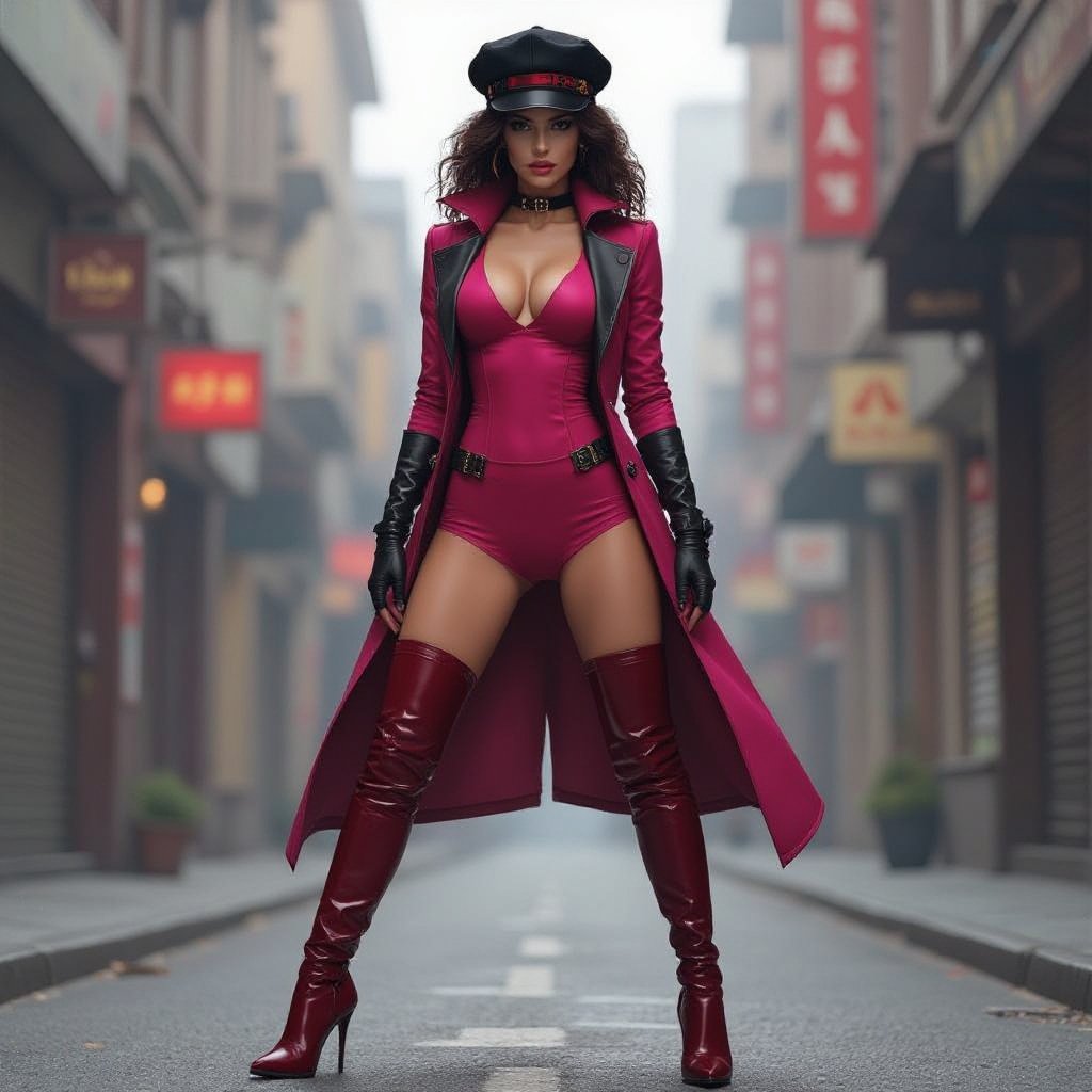 Dark Brown Frizzy Haired Spy Thief in a Tight Hot Pink full Bodysuit Dark Red Thigh High Pump Boots. Black Biker Gloves. Black and Red Newsboy Cap. Dark Red open Vest
