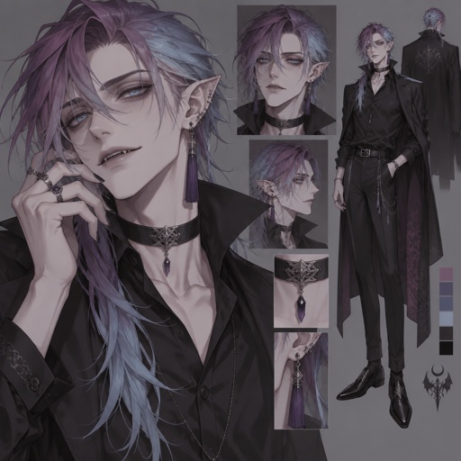 Male, pale, vampire, thin, light blue eyes, cheekbones, medium length brushed smooth hair, all back hair over right shoulder, bangs, pinkish purple and light blue hair gradient, tassel earrings, jewelry, black button up shirt with upturned collar, choker, smirk, eye bags, pointy ears, cartoon style
