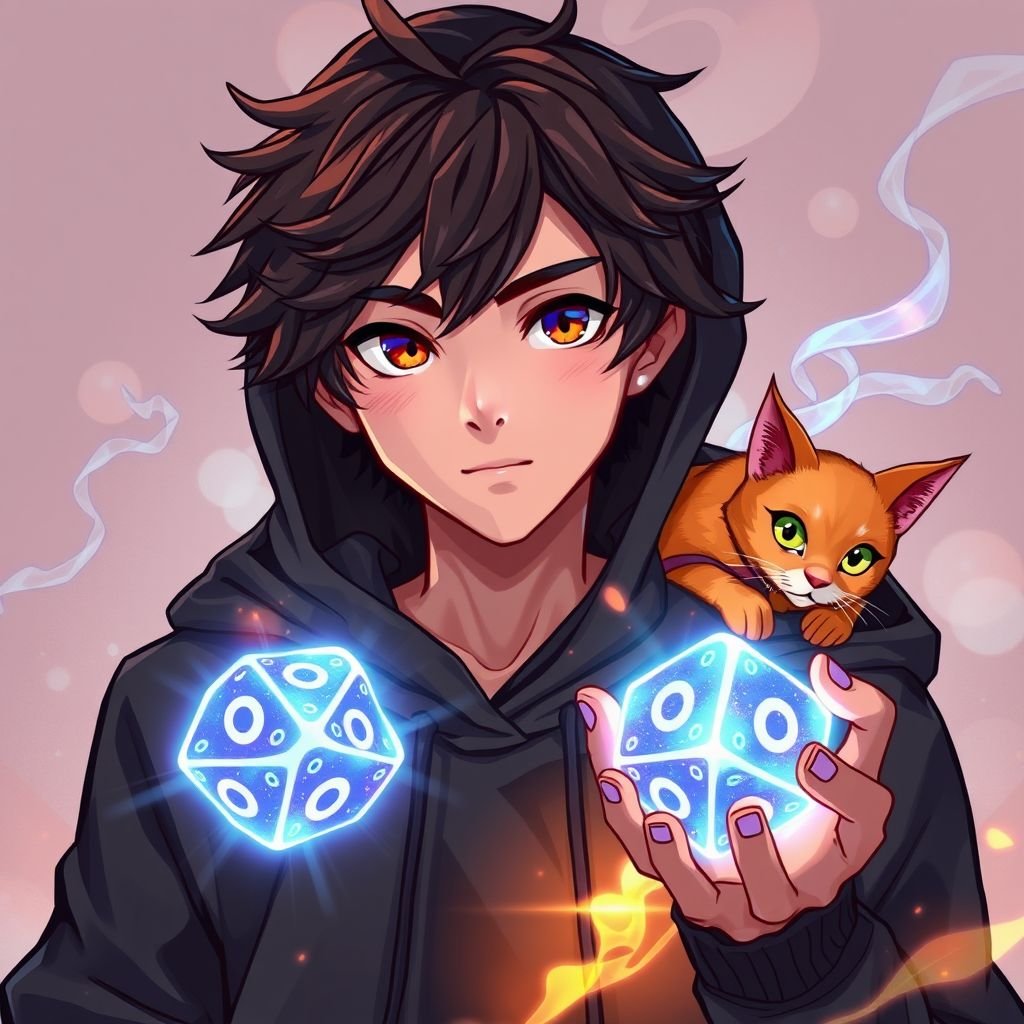 Guy with dark brown hair with black sweatshirt. He has 1 orange cat on his right shoulder. He holds 2 epic looking 20 sides dice in left hand