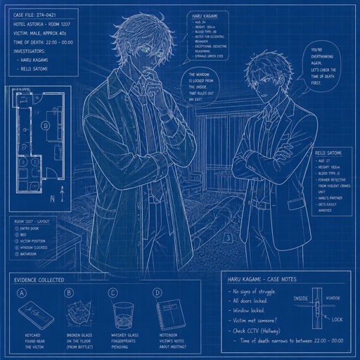 Anime Male great detective takes his job real seriously and is really good at it in his mid 20s with medium really crazy messy light blonde hair, tall thin, tied, strange green eyes wearing a baggy loose mossy green jacket tired face thinking hard about the crime scene and talking to his partner about it, partner looking annoyed at him but also concerned about him but also trying to take this case seriously they are talking about the crime scene and what could have happened and who would do this, crime scene is in hotel room, very gruesome one, no one new the person was even there and was only found out today making it harder to figure it out but the detective won't give up and do whatever he can His past was not great he had red hair and blue eyes before changing his hair and eye colors his family hatted him, he was born with the ability to camouflage and is able to change his colors which is how he got his blond hair and blue eyes