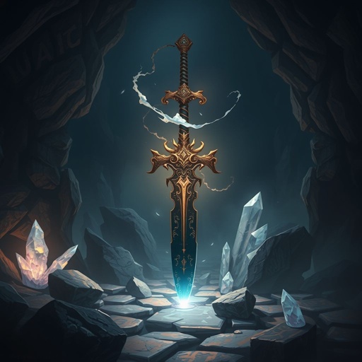 Most powerful glowing ancient magical sword in existence stuck point down in a cave floor. No one is in the cave