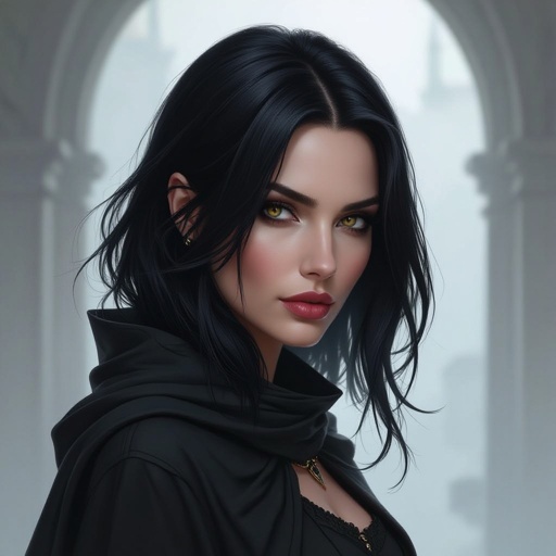 Show character head to toe. Create a mid age fantasy woman jet-black hair is cut sharpand her eyes seem to pierce through darkness. A shadowy aura clings to her form,