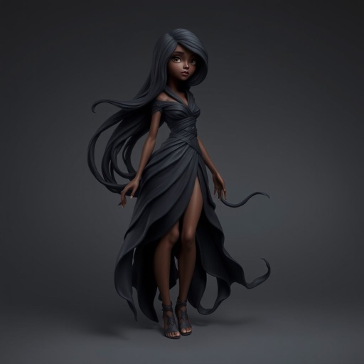 Create character hero Veyra of Shadows – A lithe, mysterious black woman draped in layered black silks that move like smoke around her. With jet-black hair. Show her whole body head to toe including her shoes.