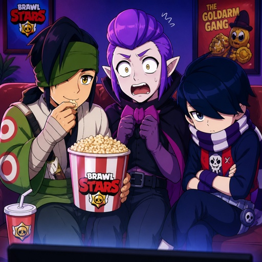 Kenji, mortis, and Edgar from brawl stars, watching a movie, Kenji’s eating popcorn, Mortis is scared