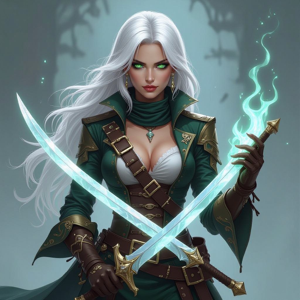 Pirate captain female 5’7 tall platinum hair almost white bright green eyes human keeps face covered 130 lbs Ghost form tattoo on right arm two wielding crystal rapier blades one in each hand rouge pirate captain