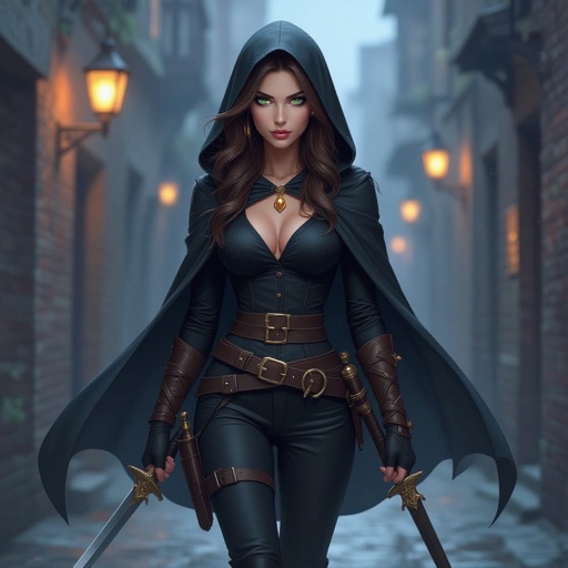 Human woman. Brown long hair and green big eyes. She wears a black cape. A tight black blouse and black pants. She has a belt on which he carries daggers and swords. She wears high, heavy boots. She carries a short sword. She has a long sword on his back. She wears a hood. It's night. A dark alley. The screen is from below. A woman approaches us. A cold expression appears on her face. An amber necklace gleams around her neck.