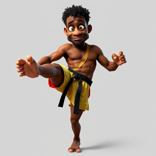 Create a character who looks like a funny African karate guy who doesn’t have a clue what he is doing. Make him have weird toes, only speedos on and a black karate belt.