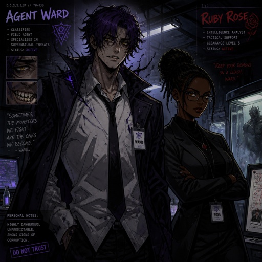 Anime style, Agent Ward a male, made in a secret lab to be best weapon and good at everything, highly skilled, be kept in check and have an emergency backup in case he gets out of control, Wards hair a messy bun hair color violet, is clean shaven, yellow night vision eyes, sharp teeth, has a dark power energy from experiments, best agent, in late 20s, tired, tall, eyes sensitive to light, easily migraines, likes making jokes, mischievous and dangerous, grins, hates being told what to do, intimidating, laugh like a maniac cares about his partner ruby rose she's dark skin serious plays by the rules and firm but nice to ward them standing together ruby arguing to wards "stop being so intimidating you're going to give are suspect a hart attack!" Ward says "what I'm just making the job go faster he's fun and was very helpful " he proceeds to laugh ruby says under her breath "this isn't funny" as a comic