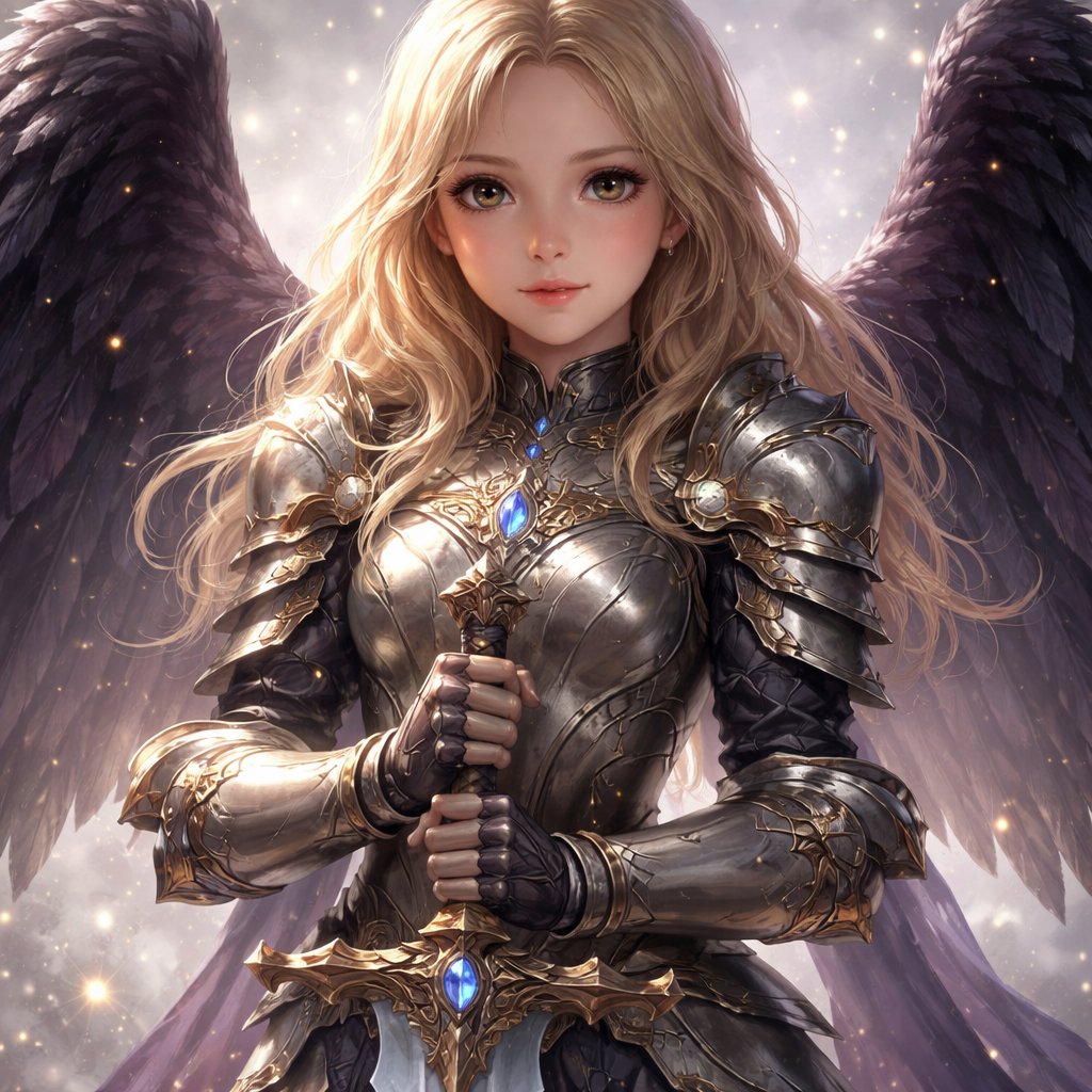 Light blonde hair. 15 year old girl with tan skin and brown eyes with gold fleck in them. She has skin tight armor thats decorated and fancy. She has stunning black wings with purple hues. She is carrying a double sided sword with a heeled hilt. The background is a hazy mist of silver and purple and gold glints of light