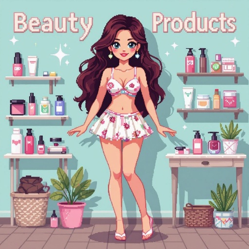 Create a character showing there whole body head to toe, a lady who loves beauty products  