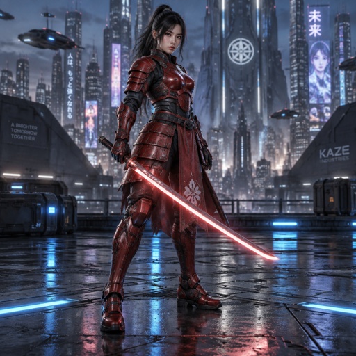 Woman in a futuristic samurai red armor. Show whole body.