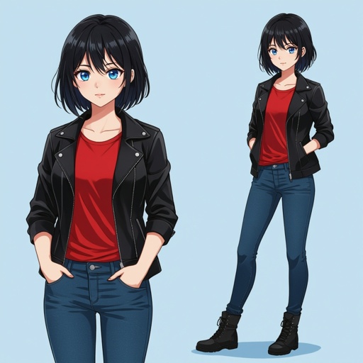 Luna is 14 years old, with short black hair. Bright blue eyes. Red t-shirt. Black Jacket. Standing up Blue jeans. Black boots. Hands in pockets