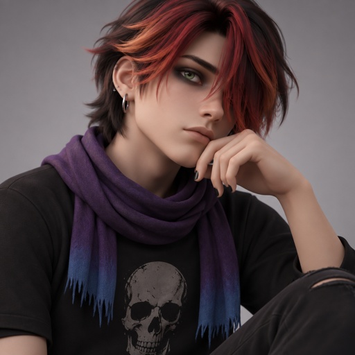 Male, teen, green eyes, ear piercings, black shirt with skull, purple scarf with blue tips, brushed smooth neck length hair covering one eye, light red light orange and black hair gradient, black nail polish, black eyeshadow