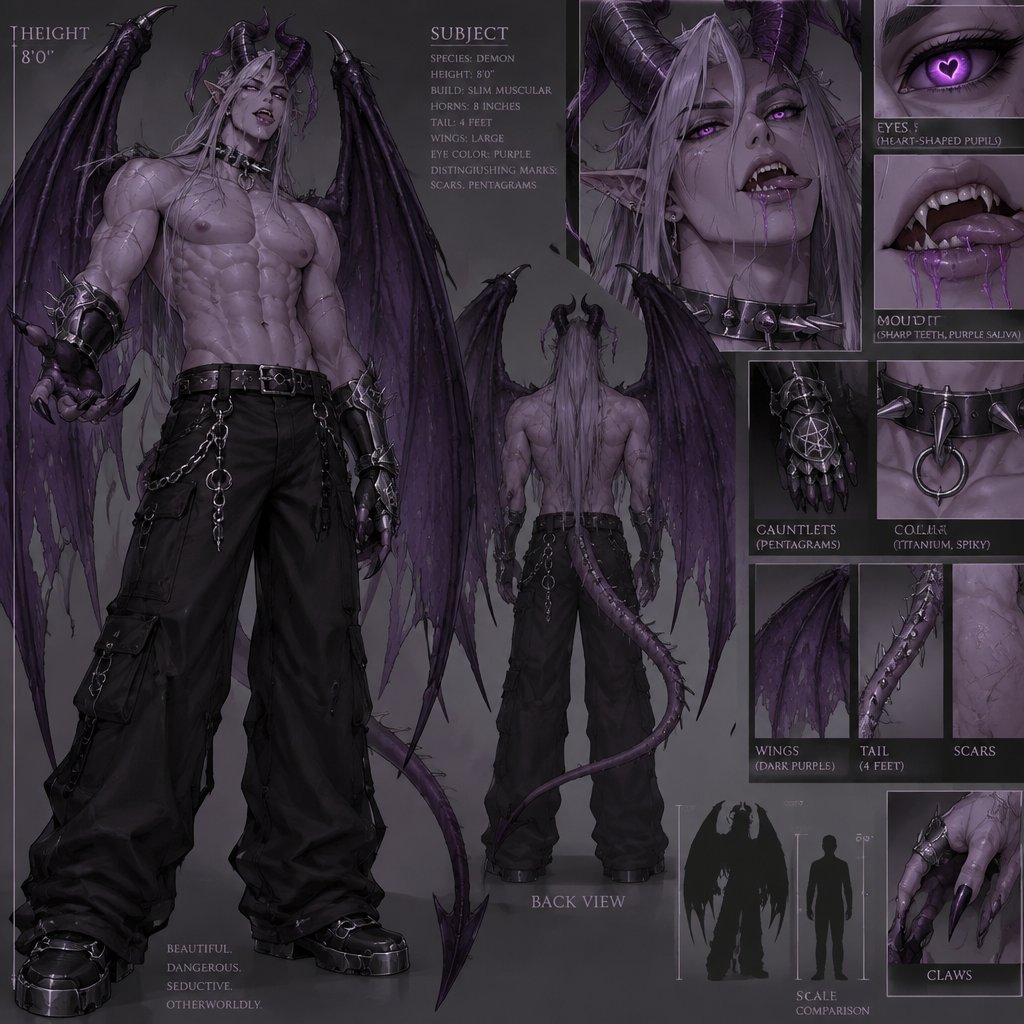 handsome and seductive. has a six pack is 8 feet tall eyes are purple and pupils are heart shaped His nipples are pierced Ears pierced and slightly pointed has clause They are purple is wearing baggy, black jeans, has scars all over his body is wearing iron gauntlets with pentagrams on them has purple saliva dripping from his mouth has sharp teeth has extremely dark purple demon, wings, demon horns and demon tail. His demon tail is 4 feet long. His demon horns are 8 inches long and his demon wings are 10 feet wide. He looks extremely slim and has a very pale purple color to his skin is wearing no shirt and has a spiky collar made out of titanium around his neck. he has long hair.