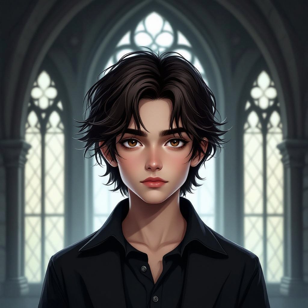 Mysterious teen boy with dark brown hair brown eyes and with a dark past