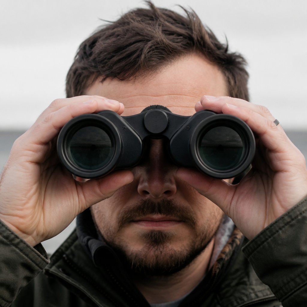 Someone with a pair of binoculars staring straight at the camera. No speech bubble.
