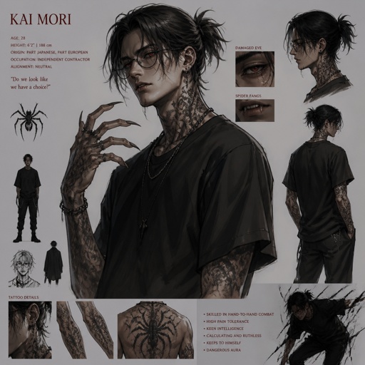 Anime male part Asian part white,hair messy short ponytail,clean shaven,highly skilled tall, migraines, sarcastic ,red glowing eyes,one eye is damaged,serious face,been experiment on for many years until finally rescued ,hates people,has power, dangerous,hates being told what to do,glasses, loves spiders, earrings,tattoos, agrees to help people but on his terms hard to figure him out,doesn't remember anything from his past before the experiment, long scary fingers, spider fangs, traumatized 