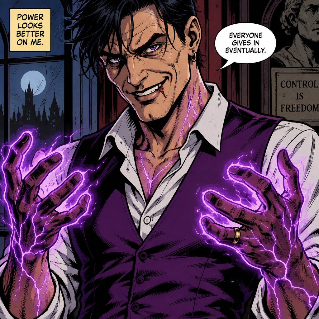 Male, black messy hair, side bangs, scar on lip, ear piercing ring, mid 40s, slim, glowing purple hands, purple glowing veins, smiling, bad guy, purple vest, white shirt, wedding ring