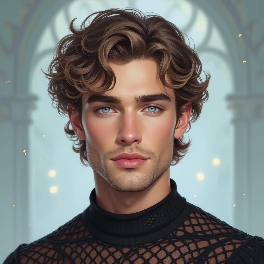 Mężczyzna. Człowiek. Delikatna uroda, włosy krótkie zasłaniające uszy, włosy sięgają do podbródka, lekko kręcone, ciemnyblond. Oczy jasnoniebieskie. Delikatnie zadarty nos. Wąskie usta. Bez biżuterii. Wąska, uwydatniona szczęka. Ubrany alternatywnie.  Normalne uszy. Bez kolczyków. Ubrany na czarno w siatkowaną bluzkę. 