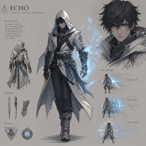 assassin name copy cat, time power, light blue eyes
