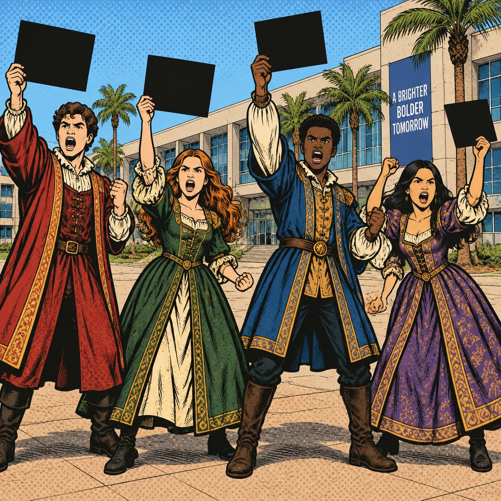 4 students to mail to female to are dressed in ornate renaissance robes too dressed and shabby Renaissance robes, they’re holding black cards and yelling with their fists in the air. The placards are blank. The background is exterior behind. The students is a contemporary building with palm trees behind and around it we see the students medium long range full body shots. They are quite angry.
