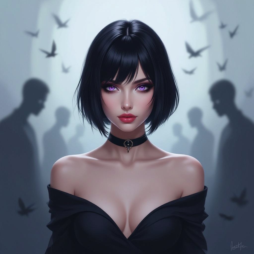 Show her entire body. Create mysterious woman jet-black hair is cut sharp to her jawline, and her violet eyes seem to pierce through darkness. A shadowy aura clings to her form, faint shapes shifting and flickering behind her like whispers of another realm. Show whole body head to toe