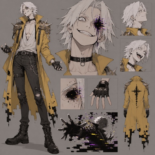 Male, slim, cheekbones, white hair, smooth on top spiky on the bottom, neck length, white eyes, yellow trench coat, metal spike shoulder pads, black choker, low cut white shirt, fingerless gloves with spikes, insane smile, glitch powers, one missing glitchy eye,  cartoon style