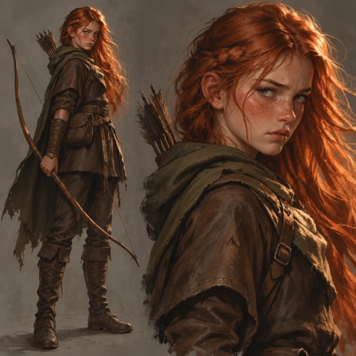 Dnd Female Fiery ginger moody teen orphan ranger with long flowing hair