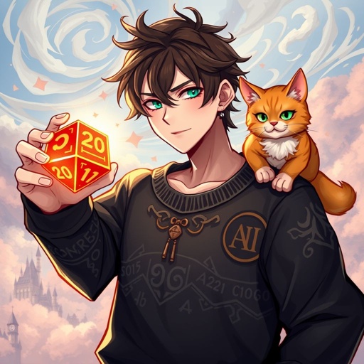 Guy with short dark brown hair with black sweatshirt. He has 1 orange cat on his right shoulder. He holds 2 epic looking 20 sides dice in left hand