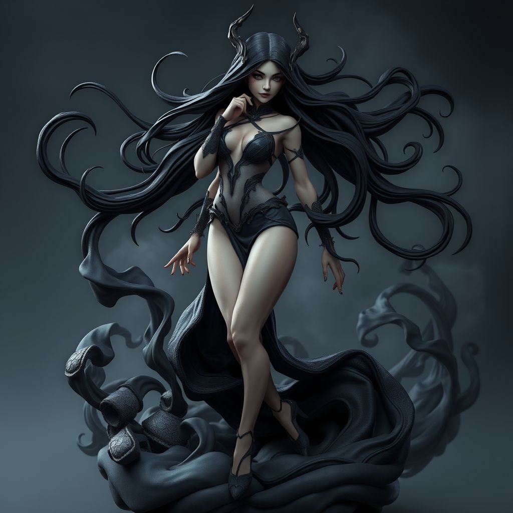 Create character hero Veyra of Shadows – A lithe, mysterious woman draped in layered black silks that move like smoke around her. With jet-black hair. Show her whole body head to toe including her shoes.